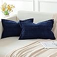 Artscope Dark Blue Cushion Covers Set of 2 Corduroy Decorative Square Striped Pillowcase with Stitched Edge Pillow Covers 40x60cm for Home Decor Sofa Bedroom Car