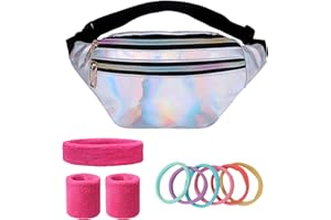 GHYUI Sac Banane Unisexe à Effet Holographique , Kit d’accessoire Année 80 Contient Sac Banane/Bandeau/ Poignet Bracelet , Pour Fête Rétro Extérieure Randonnée, Accessoires de Costume des Années 80 et 90