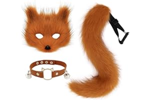 hbbhml Kunstpelz Fuchs Maske Wolf Katze flauschiger Schwanz und Leder Halskette Set Halloween Party Cosplay Kostüm Accessoire