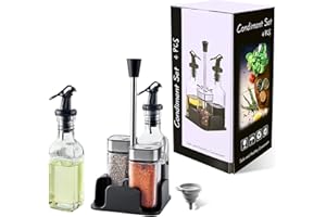 FDGAUCA Set di bottiglie di olio e aceto rettangolare, 2 bottiglie di olio da 160 ml, 2 barattoli per spezie con coperchio a vite in acciaio inox, 120 ml, per aceto da pranzo, olio, spezie, cucina e