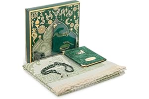 ‎IHVAN ONLINE ihvan online Gebetsgeschenk Set für Männer und Frauen, Muslimischer Taft Gebetsteppich, Yaseen Buch, Salah Matte, Perlen Rosenkranz, Islamisches Geschenk für Ramadan & Eid & Mitgift, Grün