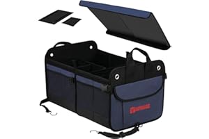 AUTOARK Multipurpose Car Trunk Organizer with Foldable Lid and Straps,Non-Slip Waterproof Bottom,Durable Collapsible Adjustable Compartments Cargo Storage,Navy Blue,AK-142