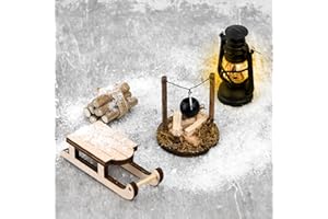 KIIMIIPA 1:12 Miniatur Wichtel Zubehör Lagerfeuer,DIY Puppenhaus Zubehö Mit LED Öllampe,1/12 Miniatur Puppenhaus Holzschlitten Lagerfeuer für Winterlandschaften Weihnachten Deko(Mit Öllampe)