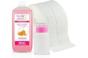 NAILS FACTORY | N&BF Nagel Cleaner Set mit Duft | 500ml | Dispenser Pumpflasche Rosa 150ml |1000 Zelletten Cellulose Pads (2 Rollen à 500 Stück) -|70% Isopropanol | für Gelnägel | Duft (Orange)
