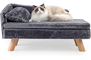 COSTWAY Katzensofa Luxus, Katzenbett erhöht, Katzencouch mit 2 abnehmbaren Kissens, Rückenlehne & Holzbeinen, Katzensessel Haustiersofa Weich, für mittelgroße & kleine Katzen, Hundesofa Indoor (Grau)