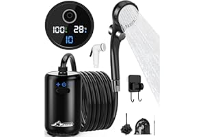 WADEO Douche de Camping Portable, Affichage Numérique Intelligent, 10 Vitesses de Commutation, Rechargeable 8000mAh, IPX7 étanche pour Camp, Randonnée, Voiture, Bain des Animaux