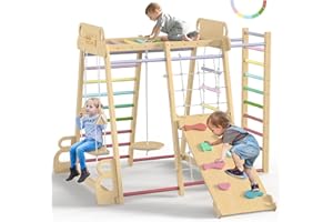 SOFTHOM Maxi Klettergerüst Indoor, Montessori Kinder Klettergerüst, 10-in-1 Holz Spielplatz für Kinder ab 1 Jahr mit Rutsche, kletterwand und Schaukeln, Kletterturm, Indoor-Spielplatz, Regenbogen