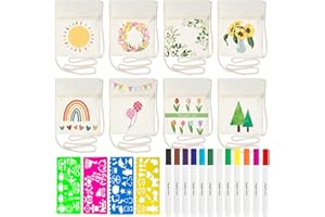 QIMMU Taschen zum Bemalen für Kinder - 8 STK Kindergeburtstag Set, Stoffbeutel, Stofftaschen, Textilien zum Bemalen, Umhängegeldbeutel Kinder DIY Malschablonen, Farbige Stifte