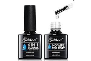 Gelike ec Colle Faux Ongles & No Wipe Top Coat, Lot Vernis de Gummy Base Pose Americaine et Top Coat Vernis Semi Permanent Manucure Kit