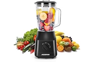 Aigostar 1.5L Blender Smoothie Maker 600W Glass Jug Blender Mixer with Titanium Plated Blades 2 Speeds and Pulse Ice Crushing for Shakes and Smoothies, BPA Free - Swift 03NSF