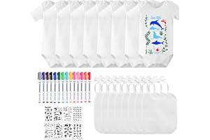 LOEPENLE 16er Set Baby Lätzchen zum Bemalen,Bemalen Kurzarm Baby Body,Bemalen Babyparty,8 Lätzchen+Baby mit 8 Kurzarmbody+14 Bunte Textilstift+8 Schablonen für Spiele Babyshower Strampler