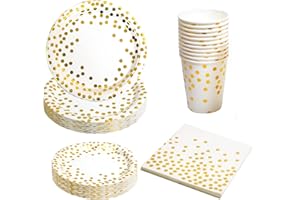 Box and Tree| 80 pièces Vaisselle Anniversaire , Assiettes Dorées et Blancs Or en Carton, Serviettes, Gobelet et couverts en bois Vaisselle pour Mariage, Noces, Noël et Fêtes, 20 invités