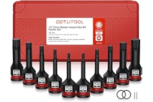 GETLITOOL Set 10PZ 1/2 Inch Bussola a Brugola a Stella T25-T80 in Acciaio S2, Corredo di Bussole Torx a Impatto Lungo 78mm, 10x Bussole Esagonali per Chiave Pneumatica Dinamometrica con Valigetta
