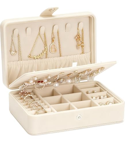 Boîte à Bijoux Voyage Femme – 16,5x12x5,7 Cm, Organisateur Colliers, Boucles D'oreilles, Bagues – Simili Cuir, Velours Intérieur