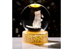 Arikyrist 3.15" 3D Cat and Butterfly Crystal Ball with LED Warm Light Stand, Cat Themed Collectible Ornaments Gifts for Women Girls Friends Mum