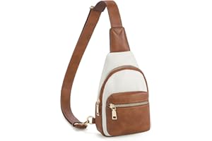CLUCI Petit Sac de Poitrine pour femme，Sac à bandoulière PU Cuir, Petit sac banane pour sports de plein air Voyage, Blanc avec marron