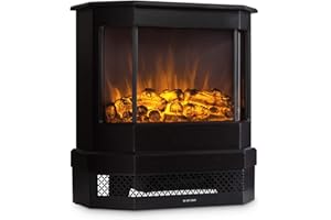 Klarstein Castillo - Cheminée électrique, Éclairage halogène, 1000 W ou 2000 W, Simulation de Flamme, Sécurité Contre la surchauffe, pour Surfaces jusqu'à 40 m², Noir