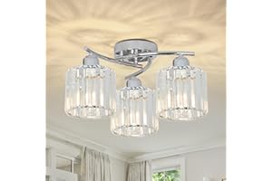 Rayofly Ceiling Lights Living Room, 3-Lights Modern Crystal Chandeliers Ceiling Light, Crystal Chandelier with Glass Shade, Hallway Ceiling Light Fitting, Flush Ceiling Lamp for Hall, Bathroom, Chrome