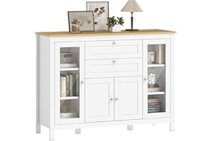HOMCOM Credenza Cucina, Mobile Cucina con 2 Cassetti, 3 Armadietti, Piano d'Appoggio in Caucciù, Credenza Buffet con Ante a Vetro, Ripiani Regolabili, per Soggiorno Sala da Pranzo, 120x40x90cm, Bianco