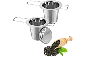 BUCOMTU 2 Stück Teesieb für Losen Tee, Teesieb für Tasse, Teefilter Edelstahl mit Klappgriff und Deckel, Wiederverwendbar, Passend Geeignet für die Meisten Teetassen, Teeschalen