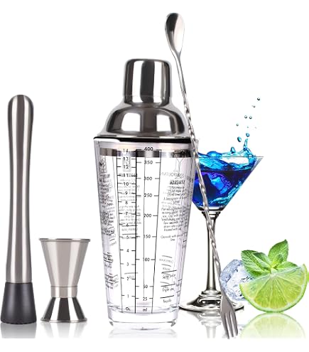 Shaker à Cocktail Verre 400ml - Avec Doseur Et Pelle - Doré - Style Rétro