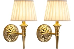 NEWSEE Battery Wall Lights Set of 2, Cordless LED Wall Sconces with Fabric Shade, Wireless and Rechargeable Lamp for Wall Painting, Living Room, Bedroom, Hallway, Kitchen, Gifts (Gold)