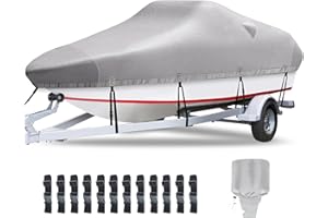 Plscoverit Boat Cover, 17'-19' Heavy Duty 1200D Polyester Canvas Trailerable Boat Covers, UV Resistant Waterproof Bass Boat Covers with Motor Cover, Fits V-Hull Tri-Hull Boat, Runabout, Fish&Ski Boat