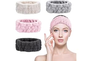 KEYRI 4 PCS Spa Headband Makeup Head Hair Bands for Women Skincare Headband Soft Coral Fleece Elastic Facial Makeup Headband for Washing Face Shower Sports Beauty Skincare(Black+White+Pink+Grey)