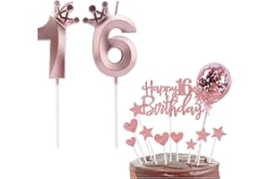 Bolosa 16th Birthday Candles Set, 16th Birthday Cake Topper, Number 16 Candle, 16 Years Old Birthdays Decorations for Girls Boys Party Wedding Anniversary (Rose Gold, Number 16)
