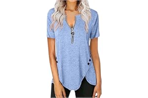 SHZFGUI Pullover Femme Manche Courte À Jabot Col V Pullover Polyester Uni Respiran Chemisie Femme Confortable Été Tunique