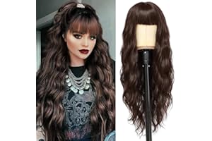 Pelucas Marrón oscuro larga mujer con flequillo pelo natural largo ondulada, YEESHEDO peluca de pelo largo suelto y rizada, wavy dark brown wig para mujeres y niñas 28"