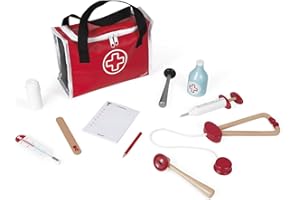 Janod - Valigetta del Dottore per Bambini - 10 Accessori in Legno Massello Inclusi - Gioco di Imitazione - A Partire dai 3 Anni, J06513, Rosso