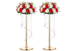 Nuptio Centrotavola Matrimonio Vasi D'oro - 2 Pezzi 70cm Altezza Vaso Fiori Cristallo Metallo Stand per Decorazioni Tavoli Festa Eleganti per Matrimoni Sfusi Centrotavola Lampadari Tavolo