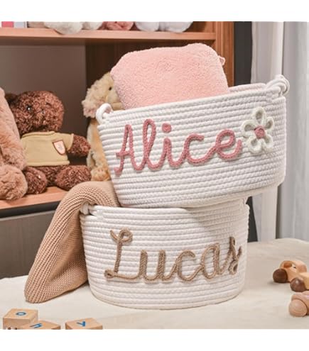 Cesto Nascita Porta Oggetti Neonato Personalizzato Con Nome Ricamato - Made In Italy, Cotone Morbido - Foto 7