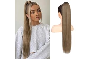 ‎FLUFYMOOZ Flufymooz Ponytail Extension Pferdeschwanzverlängerung, 66 cm langer gerader Pferdeschwanz mit Kordelzug, Lockiger Pferdeschwanz Synthetisches Haarteil für Damen(Dunkles Aschblond mit Highlights)