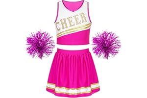 Doomiva Mädchen Cheer Leader Kostüm Karneval Fasching Kostüm Cheerleading Uniform Crop Top und Rock Tanzkostüm Set mit Pom