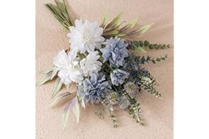 ‎KARLOR KARLOR Kunstblumen weiß blau Dahlien Künstlich Blumenstrauß Pflanzen Blumen Deko Seidenblumen Blumenarrangements Kernstück Hochzeit weiß Kunstblumen wie echt blau weiß Heim Tisch Deko