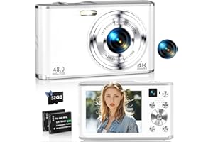 IXNAIQY 4K Digital Camera 48MP Autofocus Cameras for Photography Compact Camera with Dual Front and Rear Camera, Point and Shoot Cameras with16X Digital Zoom, 32GB TF Card & 2 Batteries-White