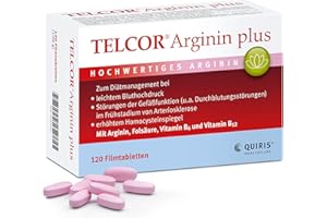Telcor Arginin plus, 120 vegane Filmtabletten, bei leichtem Bluthochdruck und im Frühstadium von Arteriosklerose, mit Vitamin B6, B12 und Folsäure ergänzt, Qualität Made in Germany…