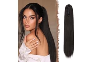 ‎FESHFEN FESHFEN Langer Pferdeschwanz Haarteil - Glatte Schwarz Braun Zopf Extensions mit Klammer Synthetik Haarverlängerung Claw Clip in Ponytail Haare Extension für Damen, 63 cm