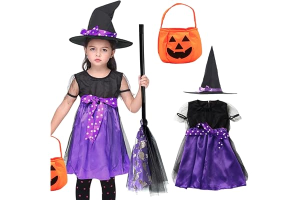 SOETDERT Häxdräkt för barn, halloweenkostym häxa flickor 120 cm, halloween häxklänning med häxhatt, samlarväska pumpa, häxkva