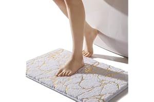 QJHOMO White Bath Mat 40 x 60 cm Bathroom Mat Non Slip Bath Mats Gold Stripes Marble Rug Absorbent Microfiber Bathroom Rug Machine Washable Floor Carpet for Shower, Living Room, Bedroom