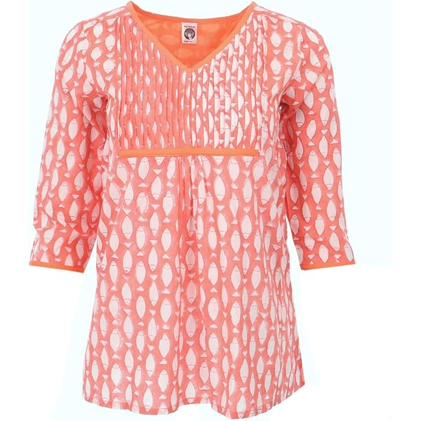 GURU SHOP Handbedruckte Baumwollbluse – Luftig & Bequem, Mit 3/4-Ärmeln | Traditioneller Holzmodeldruck | Für Damen