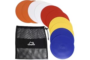 CampTeck U6934 - Plats Cône Football Plats Cones de Sport Cône Marquage - (Pack de 10) avec Sac de Filet Noir - Couleurs des disques: Orange, Bleu, Rouge, Blanc, Jaune