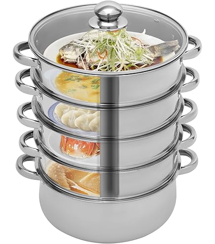 Cuiseur Vapeur 5 Étages En Acier Inoxydable - 30 Cm - Couvercle En Verre - Compatible Induction, Gaz, Électrique - Passe Au Lave-Vaisselle