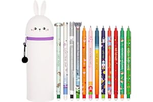 GTCIXEQ Lot de stylos gel-effaçables + Kawaii Trousse Ecole 2 en 1 avec encre effaçable thermosensible, une variété de couleurs d'encre, pointe de 0,7 mm (Lapin + 12 stylos effaçables)