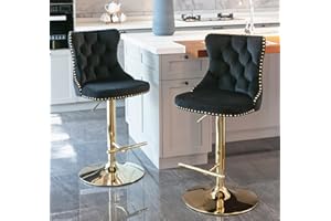 HomeTouch Luxury Velvet Bar Stools Set of 2 Swivel Kitchen Breakfast BarStool Adjusatble Height Bar Chairs with Gold Leg for Counter (2, Black Gold)