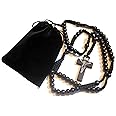 Men Women Black Wood Corded Rosary Beads Catholic Necklace Cross & FREE Velvet Gift Pouch Unisex Suitable for New Drivers Car rosary good luck Confirmation Communion Christmas Lent Easter Birthdays