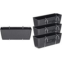 Kreher Pflanzkästen Set aus 4 Balkon Pflanzkästen mit Metallhalterung. Aus Kunststoff im Rattan Design in Anthrazit…