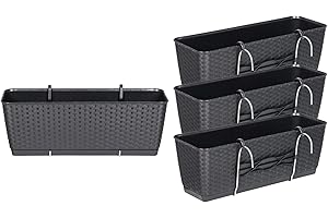 Kreher Lot de 4 jardinières de balcon avec support en métal En plastique aspect rotin Anthracite Dimensions : 50 x 17 x 17 cm